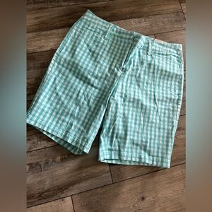 LANDS’ END gingham plaid white and teal/aqua mid rise shorts